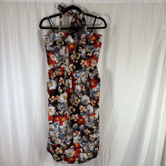 Hitherto Anthropologie Dress Women's 14 Blue Red Floral Zip Back Sleeveless Tie - Picture 1 of 14
